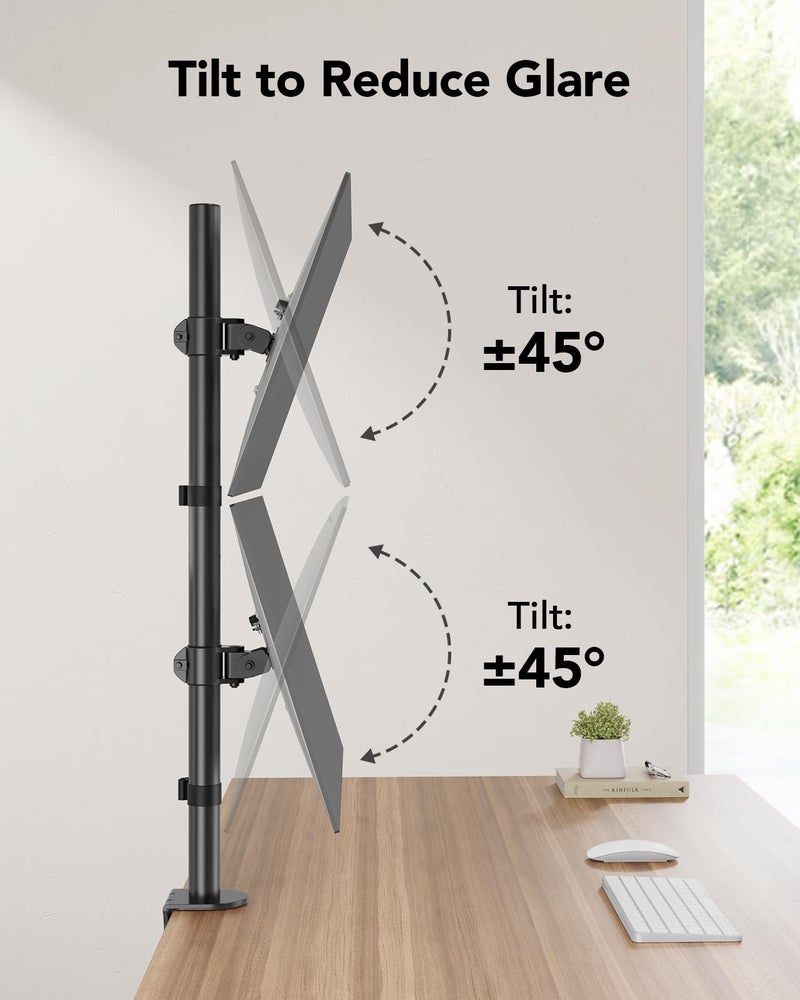 HUANUO Vertical Dual Monitor Mount, Stacked Monitor Stand for 2 Monitors with Height Adjustment Computer Monitor Arm Supports Two 17 to 32 Inch with C Clamp Each Desk Mount Hold up to 17.6lbs - Image 3